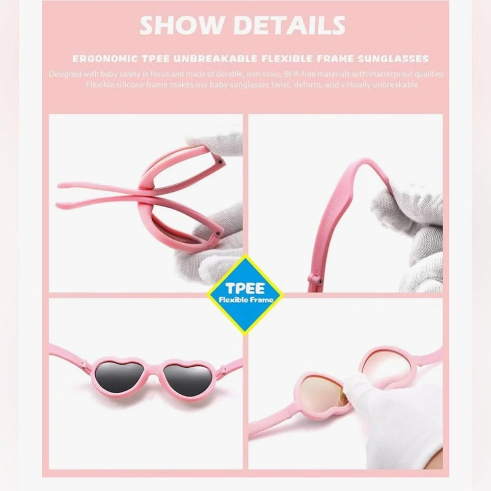NEW Flexible Heart Shaped Baby Polarized Sunglasses Strap 0-24 Months
